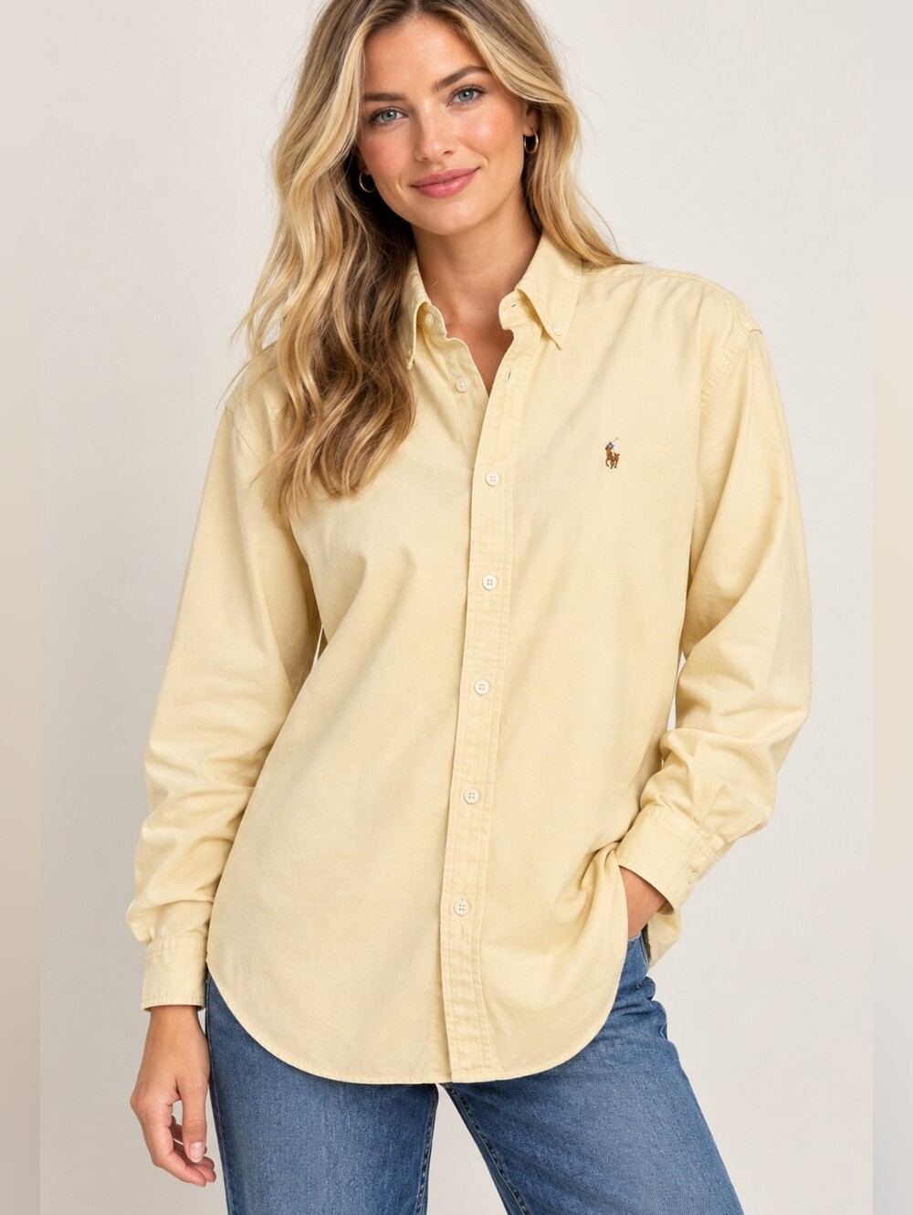 Vintage Ralph Lauren Sport Yellow Oxford Shirt Women's XL Button Down Cotton Top